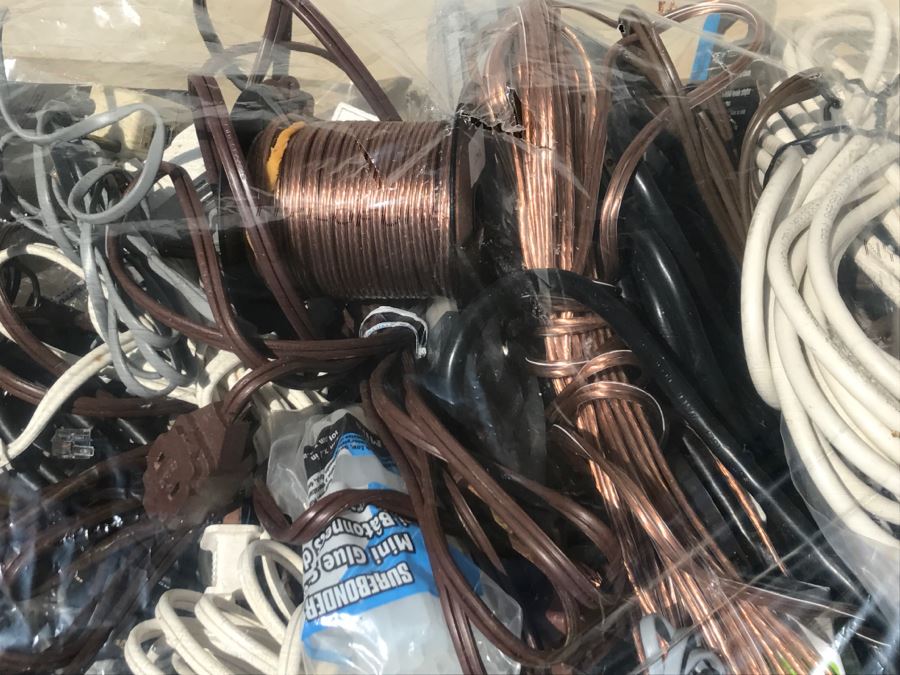 Plastic Bag Filled With Electrical Items Including Extension Cords, Copper Speaker Wire, Cords, Etc. [Photo 3]