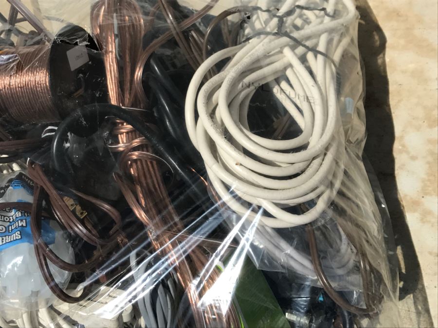 Plastic Bag Filled With Electrical Items Including Extension Cords, Copper Speaker Wire, Cords, Etc. [Photo 9]