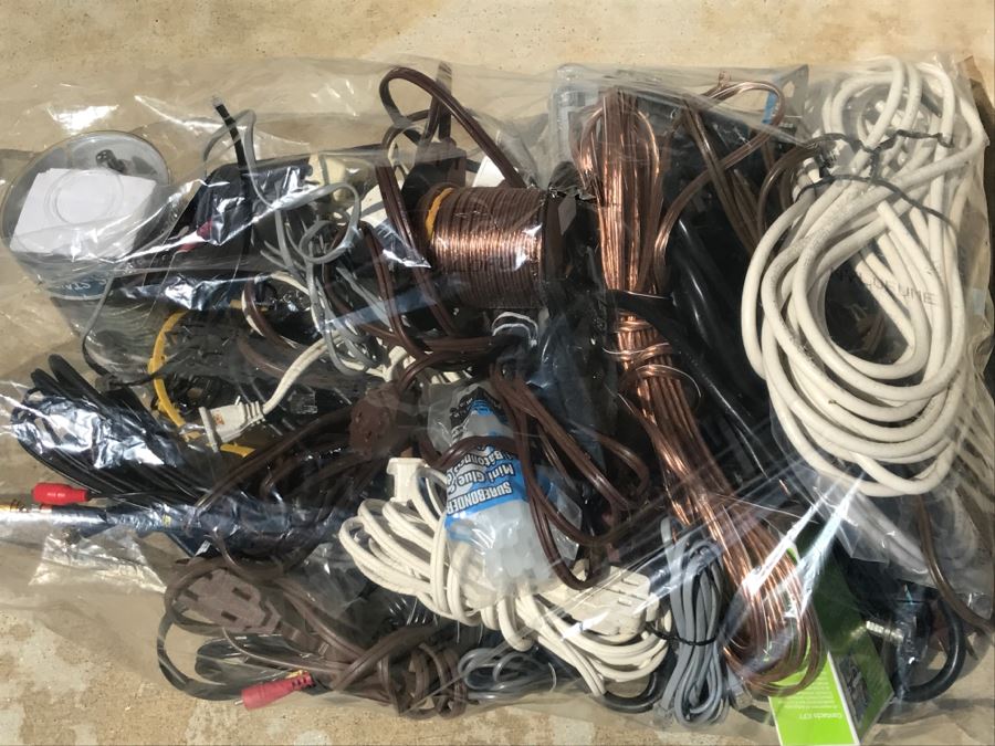 Plastic Bag Filled With Electrical Items Including Extension Cords, Copper Speaker Wire, Cords, Etc.