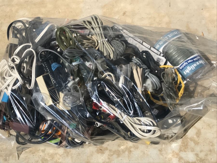 Plastic Bag Filled With Electrical Items Including Extension Cords, Copper Speaker Wire, Cords, Etc. [Photo 2]