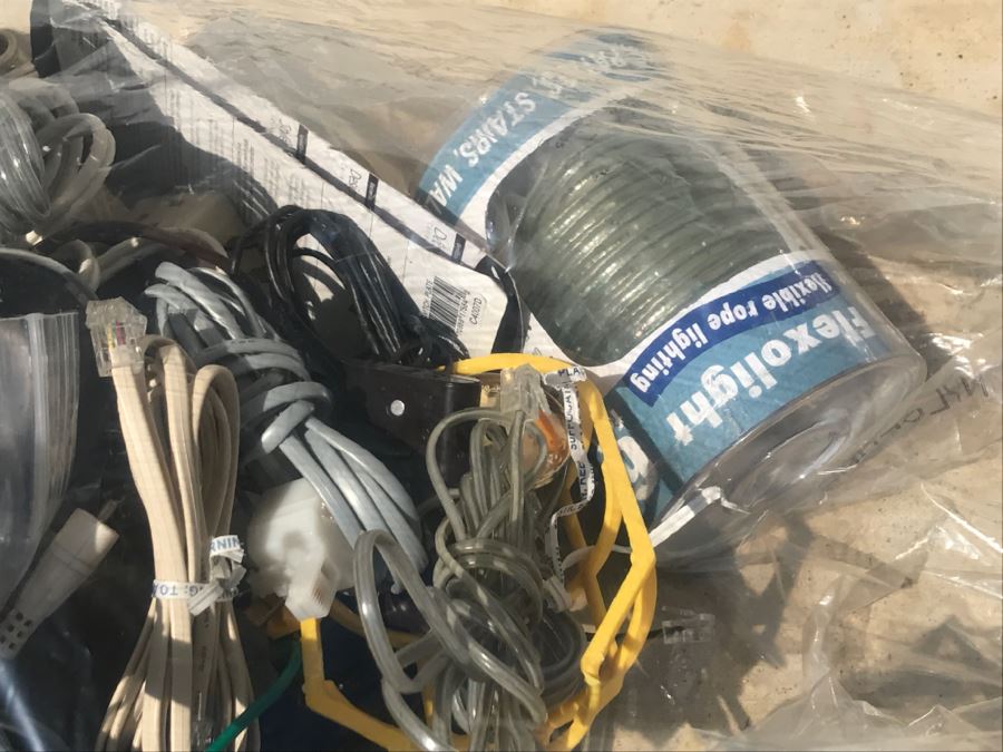 Plastic Bag Filled With Electrical Items Including Extension Cords, Copper Speaker Wire, Cords, Etc. [Photo 5]