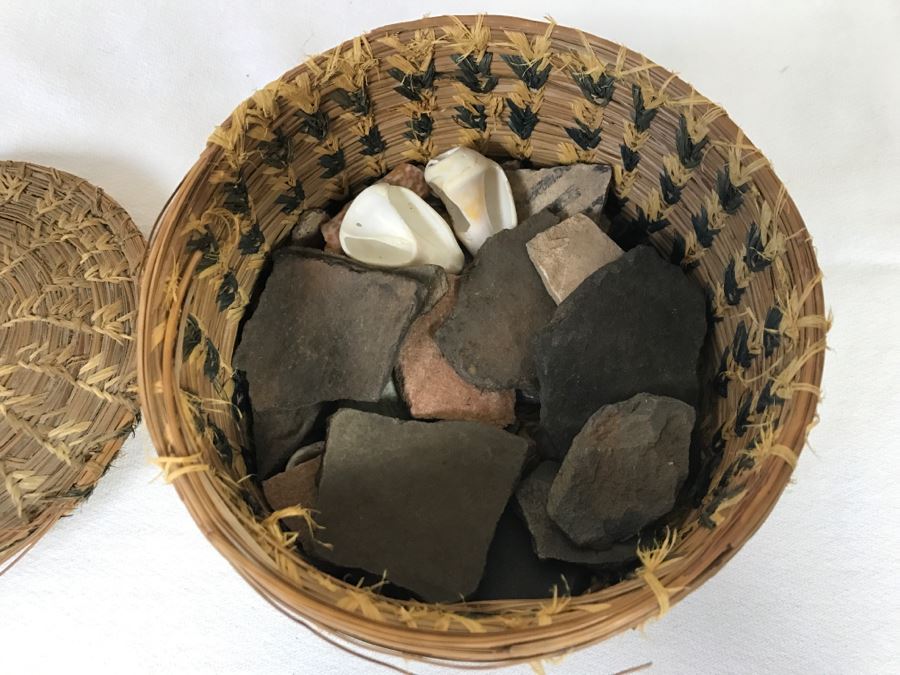Native American Indian Basket Filled With Old Pottery Shards And Shells [Photo 5]