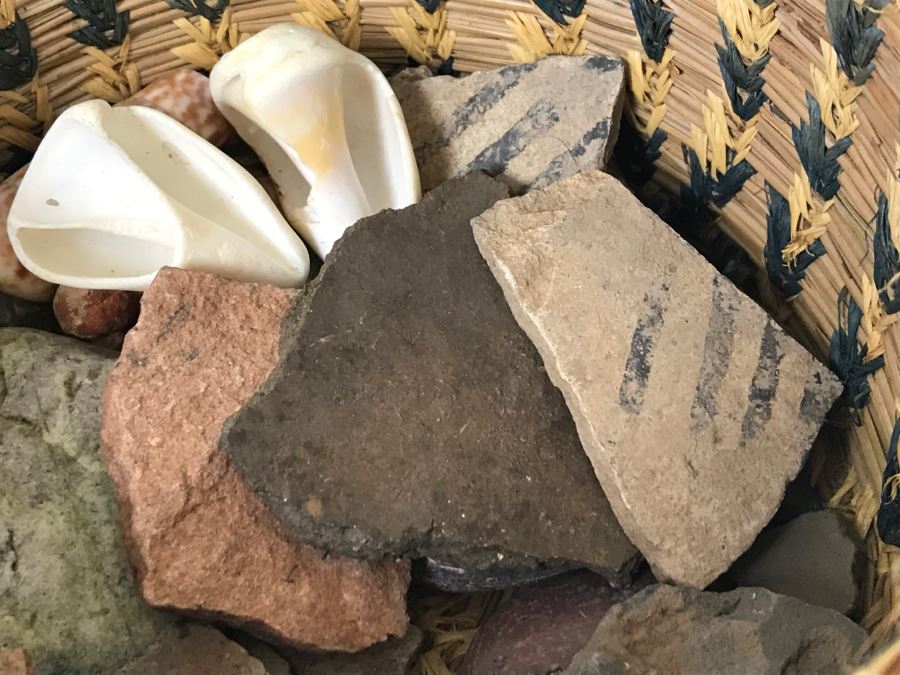Native American Indian Basket Filled With Old Pottery Shards And Shells [Photo 8]