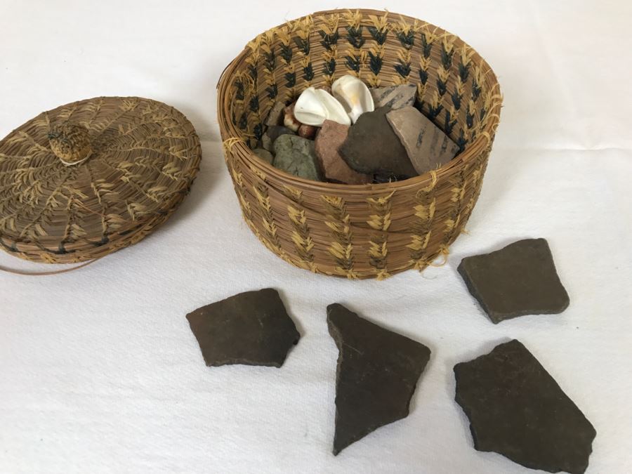 Native American Indian Basket Filled With Old Pottery Shards And Shells