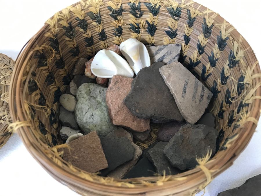 Native American Indian Basket Filled With Old Pottery Shards And Shells [Photo 7]