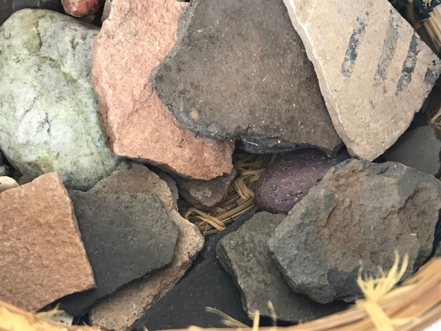 Native American Indian Basket Filled With Old Pottery Shards And Shells [Photo 9]
