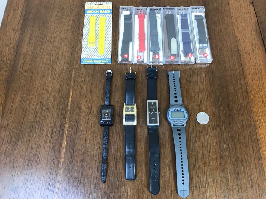 Watch Lot Includes (7) New In Pack Swatch Watch Replacement Bands, Swatch Watch, (2) TERNER Watches And POLAR Watch [Photo 1]