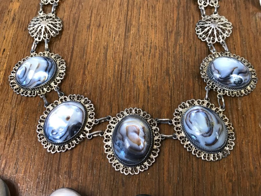 Vintage Filigree Necklace With Shell, Shell Bracelet And Pair Of Earrings [Photo 3]