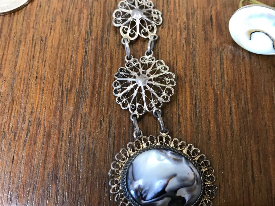Vintage Filigree Necklace With Shell, Shell Bracelet And Pair Of Earrings [Photo 5]