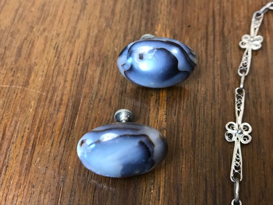 Vintage Filigree Necklace With Shell, Shell Bracelet And Pair Of Earrings [Photo 7]