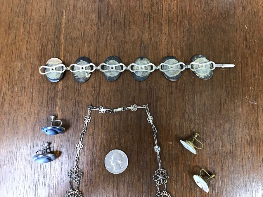 Vintage Filigree Necklace With Shell, Shell Bracelet And Pair Of Earrings [Photo 14]