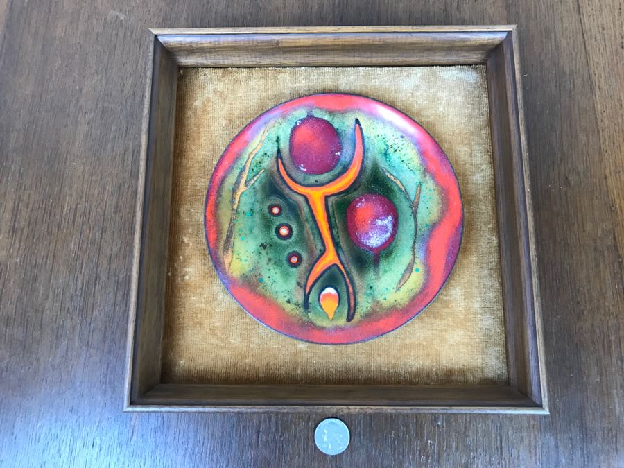 Mid-Century Enamel On Framed Copper Plate Titled 'Life Forms' By Margaret R. Price San Diego, CA