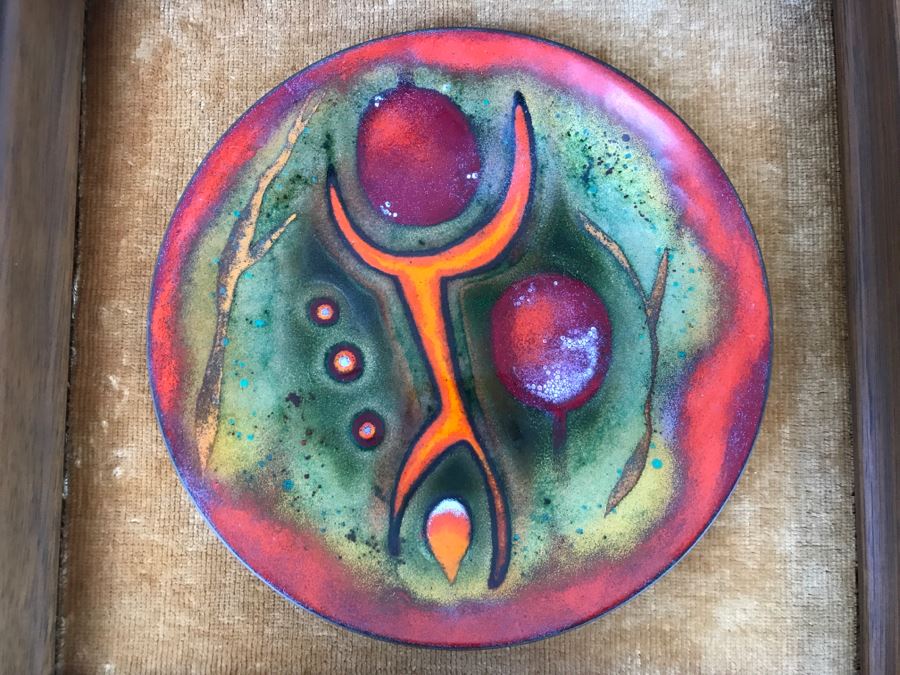 Mid-century Enamel On Framed Copper Plate Titled 'life Forms' By 