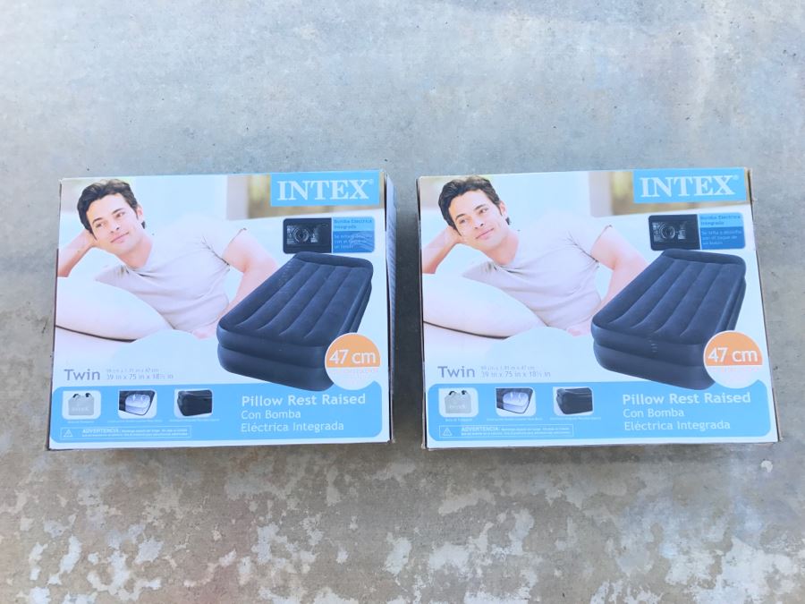 Set Of (2) New In Box INTEX Twin Inflatable Mattresses With Built-In Electric Pump