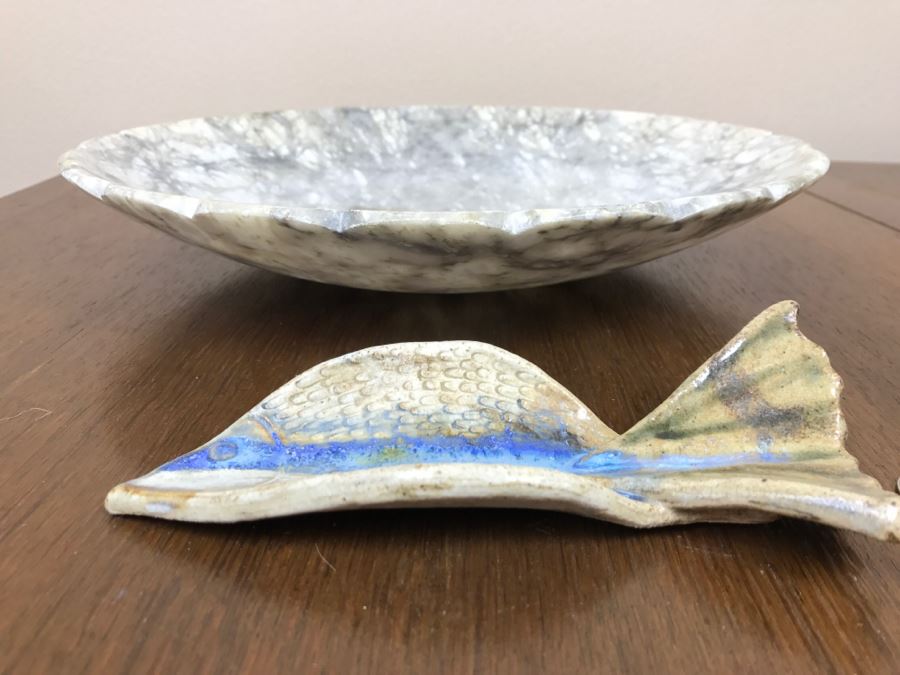 Large Carved Stone Bowl And Mid-Century Fish Pottery [Photo 3]