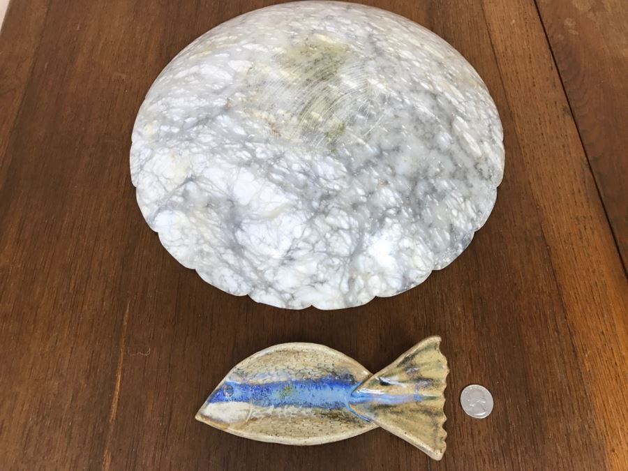 Large Carved Stone Bowl And Mid-Century Fish Pottery [Photo 7]