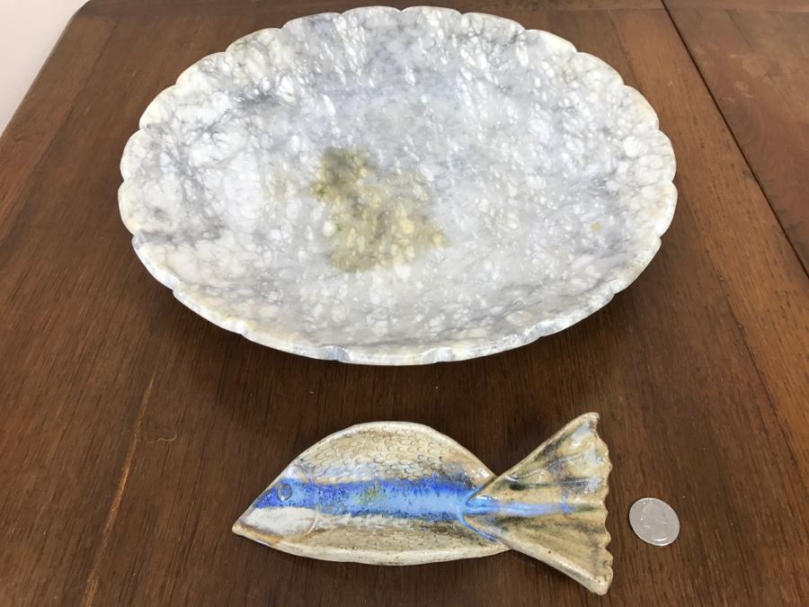Large Carved Stone Bowl And Mid-Century Fish Pottery [Photo 1]