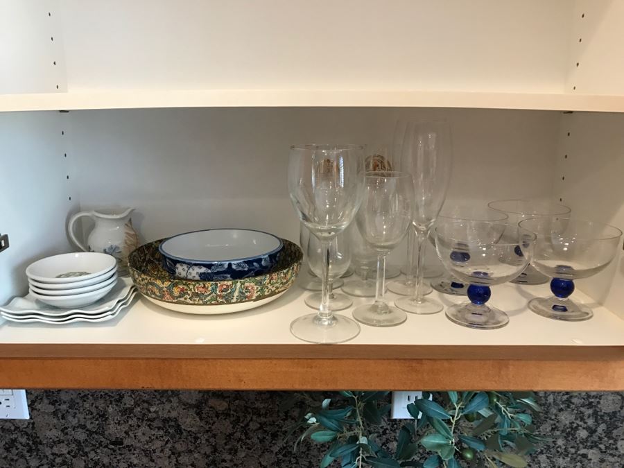 Various Bowls, Plates, Creamer And Stemware Glasses