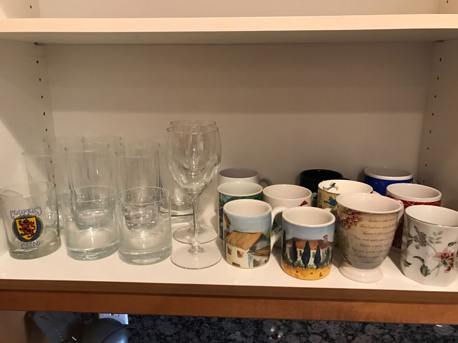 Various Glassware, Stemware Glasses And Coffee Cups