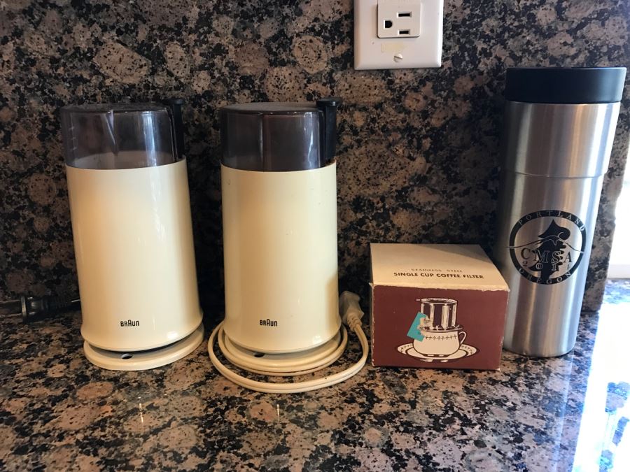 Pair Of BRAUN Coffee Grinders, Coffee Travel Mug And Stainless Steel Single Cup Coffee Filter