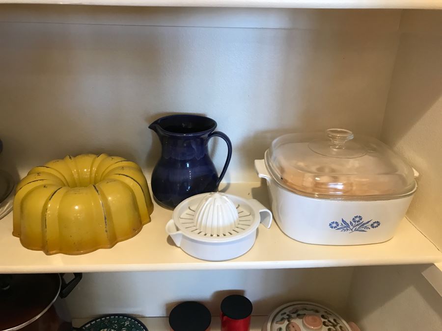 Kitchen Pantry Lot Featuring Corning Ware Covered Dish, Bundt Pan, Pacific Cermaic Blue Bowl, West Bend Crock Pot - See All Photos [Photo 2]