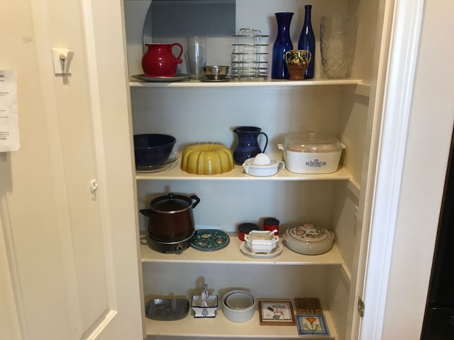 Kitchen Pantry Lot Featuring Corning Ware Covered Dish, Bundt Pan, Pacific Cermaic Blue Bowl, West Bend Crock Pot - See All Photos