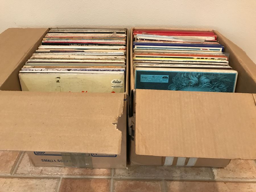 (2) Boxes Of Vintage Vinyl Records 33RPM Lot Includes Bob Dylan's Greatest Hits, Elton John's Goodbye Yellow Brick Road, Musicals, Nat King Cole - See Photos [Photo 2]