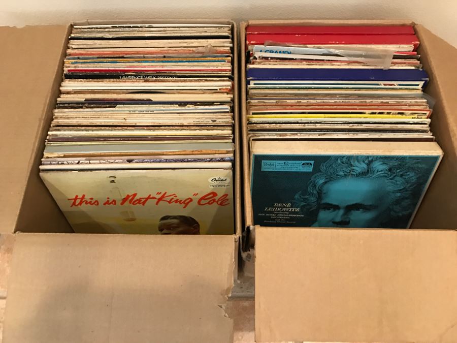 (2) Boxes Of Vintage Vinyl Records 33RPM Lot Includes Bob Dylan's Greatest Hits, Elton John's Goodbye Yellow Brick Road, Musicals, Nat King Cole - See Photos [Photo 1]