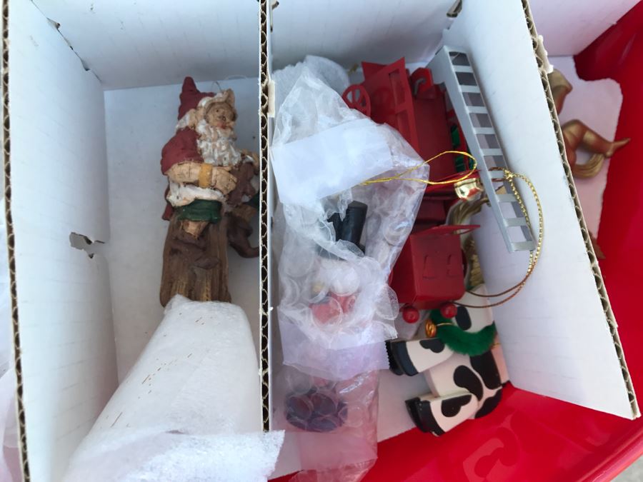 Bins Filled With Holiday Decorations Including 2-Layers Of Christmas Ornaments, Easter Decorations, Christmas Tree Stand - See All Photos [Photo 5]