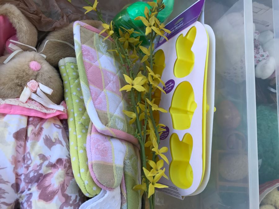 Bins Filled With Holiday Decorations Including 2-Layers Of Christmas Ornaments, Easter Decorations, Christmas Tree Stand - See All Photos [Photo 31]