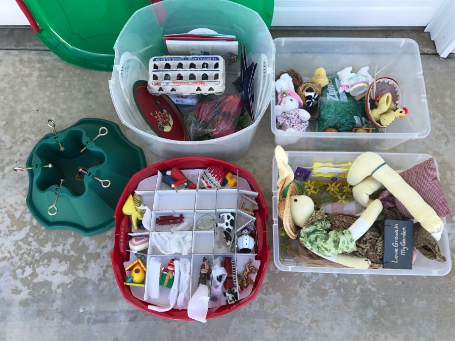Bins Filled With Holiday Decorations Including 2-Layers Of Christmas Ornaments, Easter Decorations, Christmas Tree Stand - See All Photos