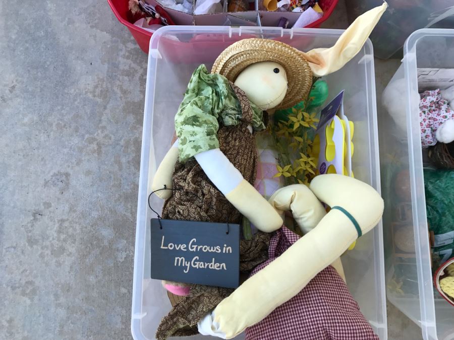 Bins Filled With Holiday Decorations Including 2-Layers Of Christmas Ornaments, Easter Decorations, Christmas Tree Stand - See All Photos [Photo 28]