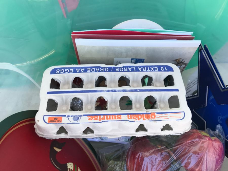 Bins Filled With Holiday Decorations Including 2-Layers Of Christmas Ornaments, Easter Decorations, Christmas Tree Stand - See All Photos [Photo 24]