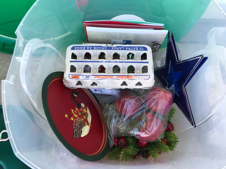 Bins Filled With Holiday Decorations Including 2-Layers Of Christmas Ornaments, Easter Decorations, Christmas Tree Stand - See All Photos [Photo 22]