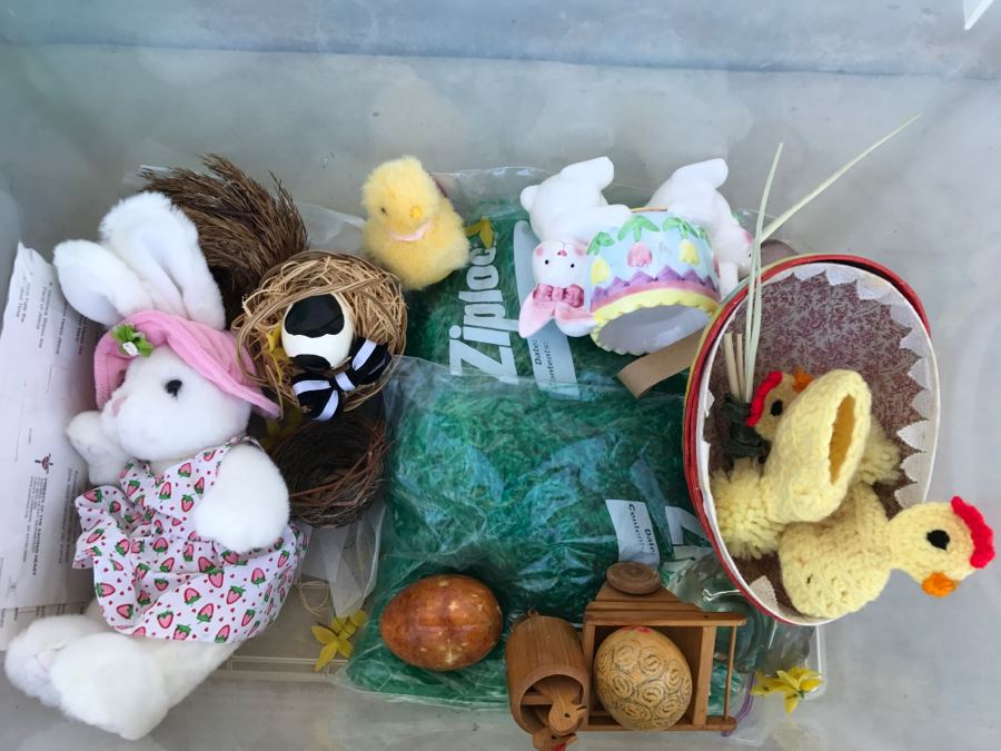 Bins Filled With Holiday Decorations Including 2-Layers Of Christmas Ornaments, Easter Decorations, Christmas Tree Stand - See All Photos [Photo 25]