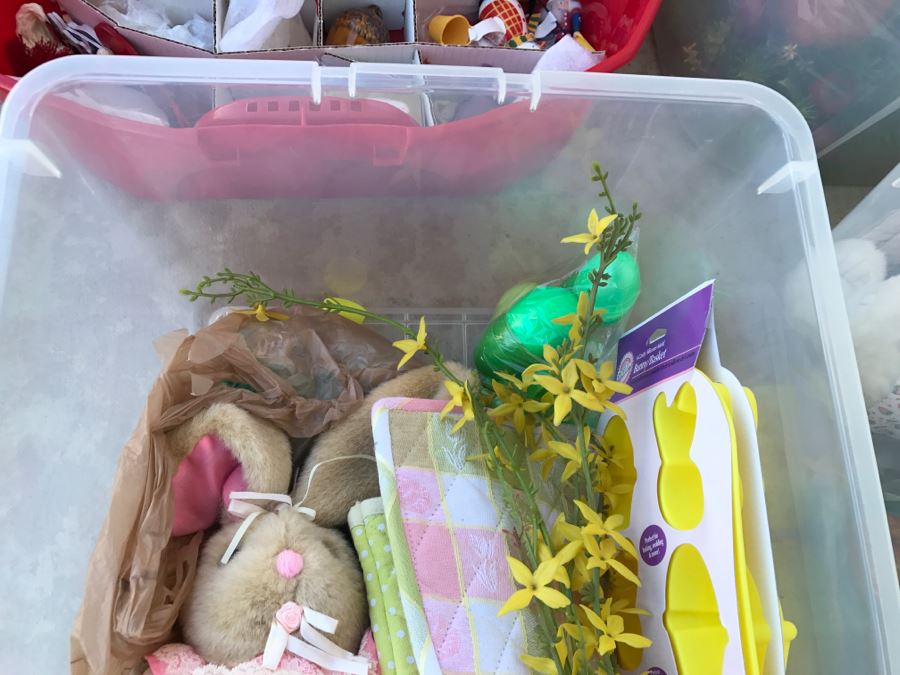 Bins Filled With Holiday Decorations Including 2-Layers Of Christmas Ornaments, Easter Decorations, Christmas Tree Stand - See All Photos [Photo 30]