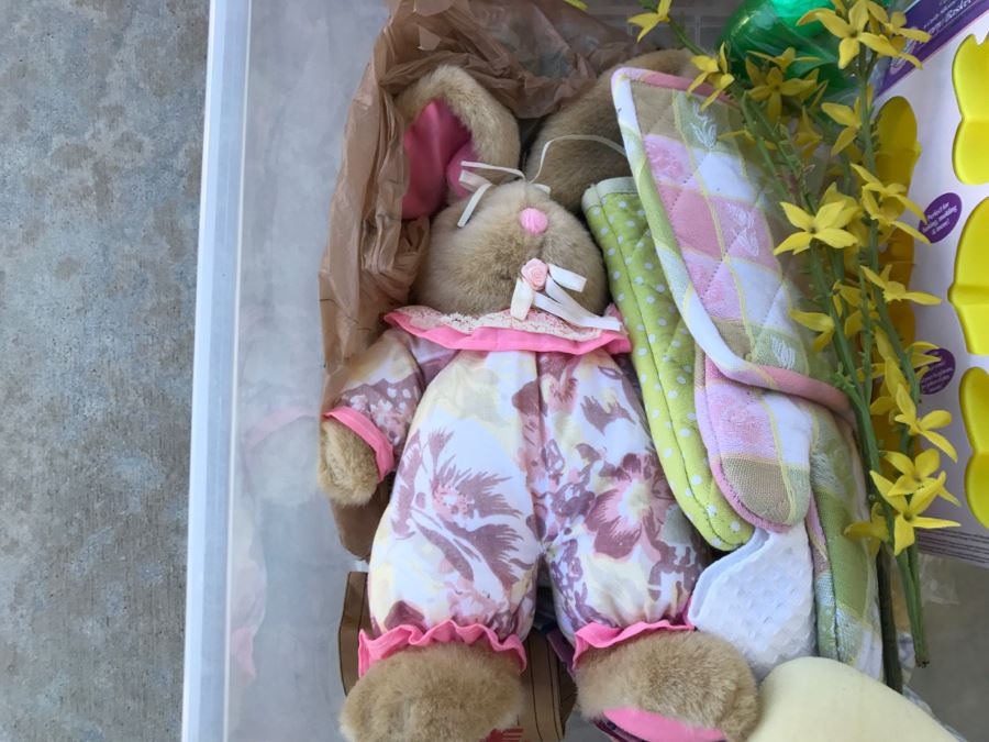 Bins Filled With Holiday Decorations Including 2-Layers Of Christmas Ornaments, Easter Decorations, Christmas Tree Stand - See All Photos [Photo 29]