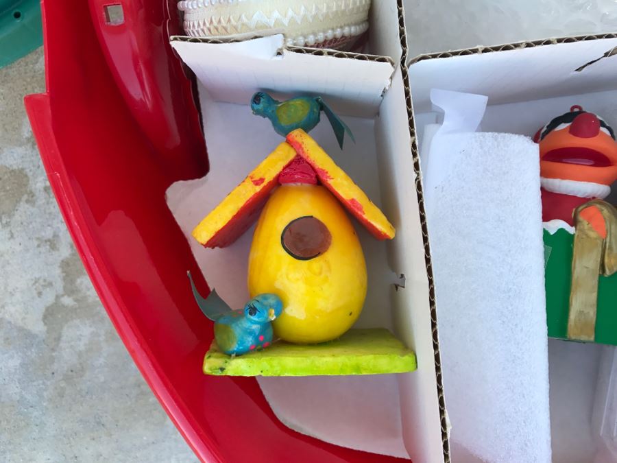 Bins Filled With Holiday Decorations Including 2-Layers Of Christmas Ornaments, Easter Decorations, Christmas Tree Stand - See All Photos [Photo 3]