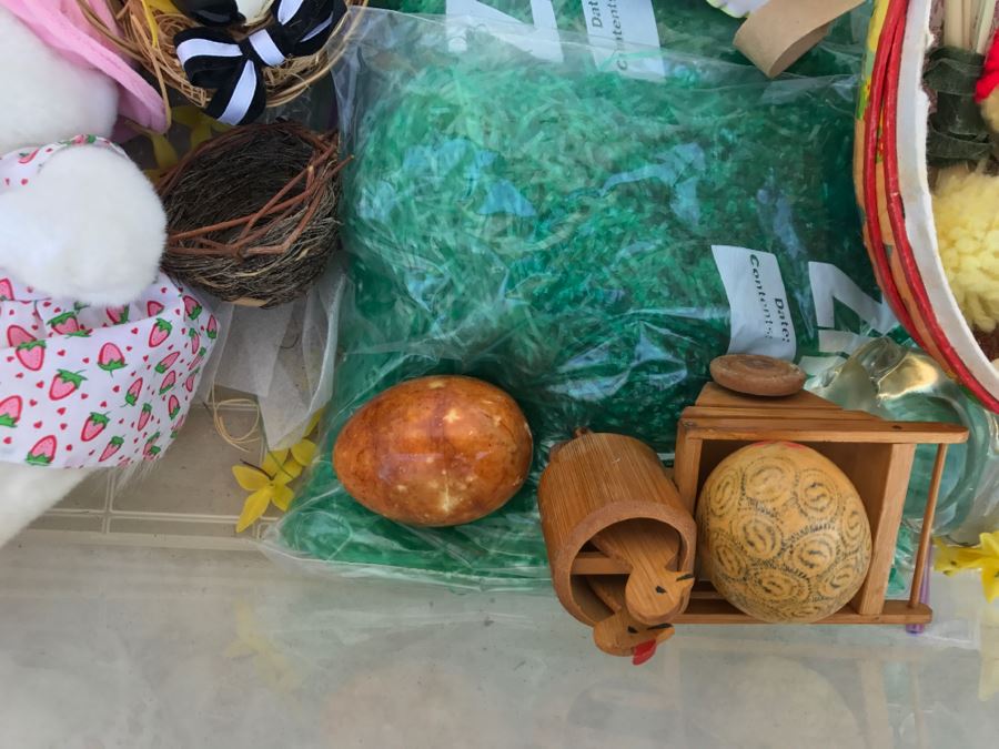 Bins Filled With Holiday Decorations Including 2-Layers Of Christmas Ornaments, Easter Decorations, Christmas Tree Stand - See All Photos [Photo 26]
