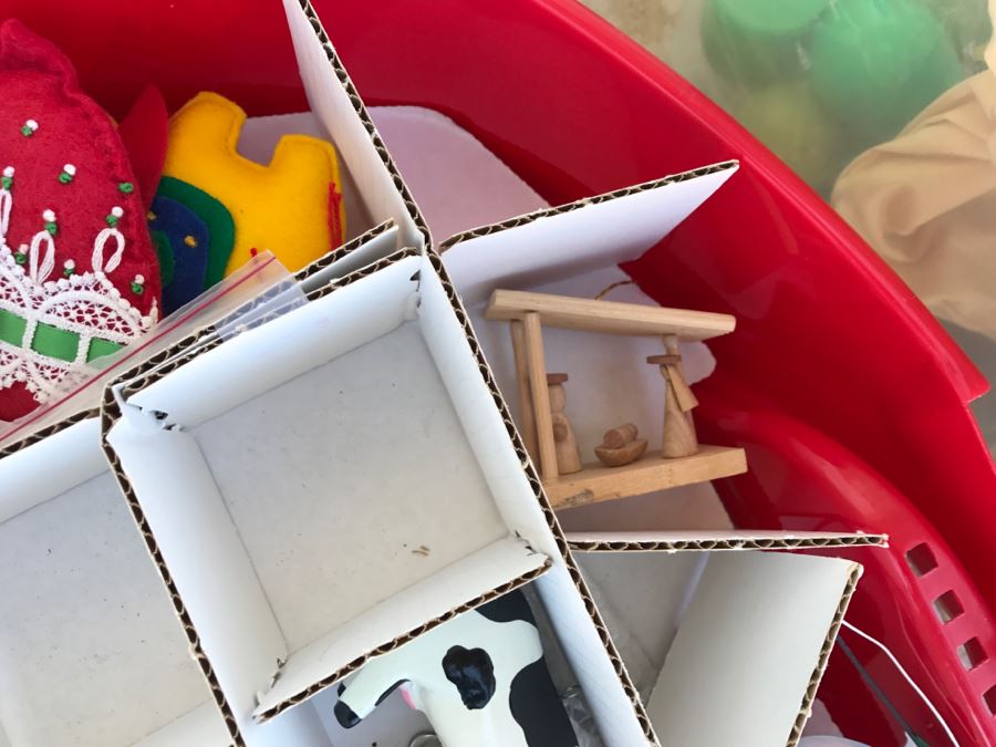 Bins Filled With Holiday Decorations Including 2-Layers Of Christmas Ornaments, Easter Decorations, Christmas Tree Stand - See All Photos [Photo 7]