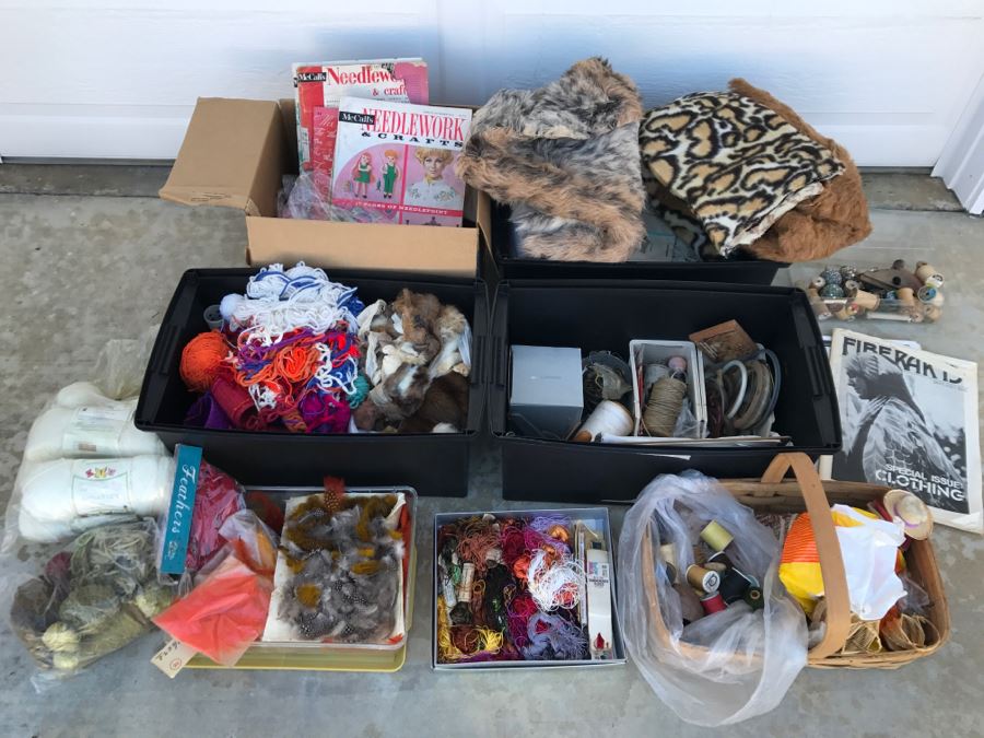 Huge Crafting Supplies Lot Including Yarn, Threads, Fabrics, Real Feathers, Fur Pelts, Books And More - See All Photos [Photo 2]