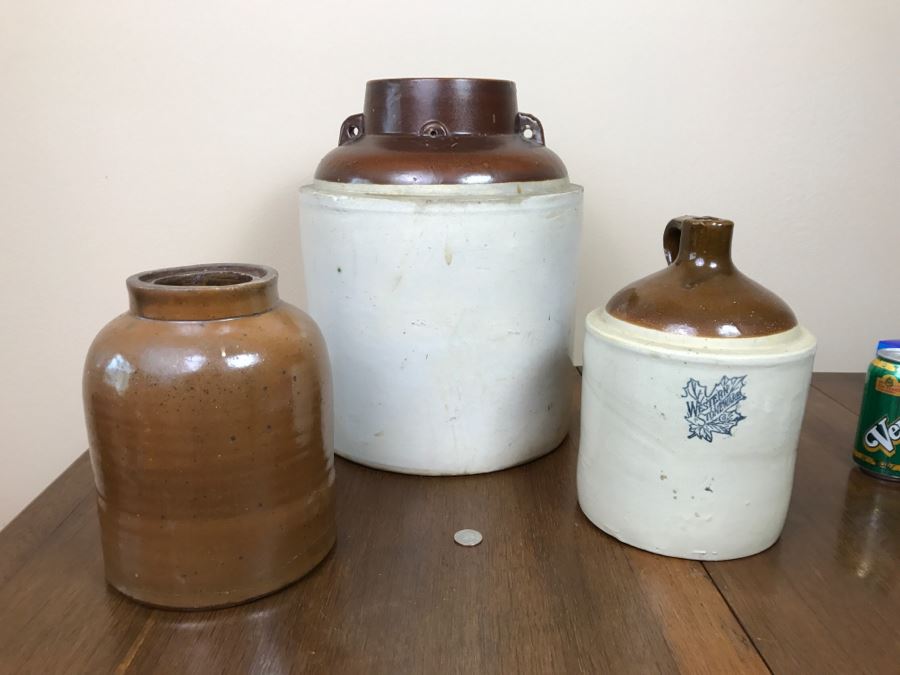 Set Of (3) Stoneware Jugs - Western Stoneware - See Photos For Condition