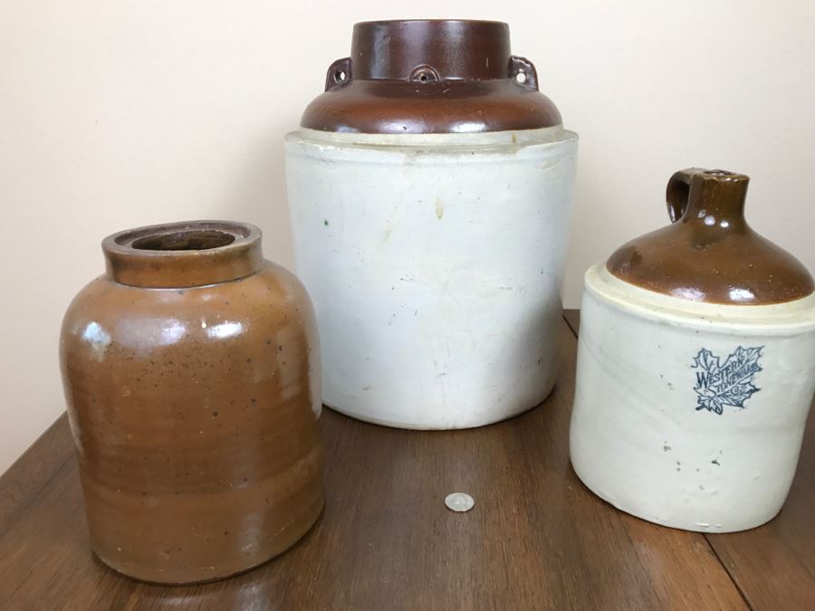 Set Of (3) Stoneware Jugs - Western Stoneware - See Photos For Condition [Photo 2]