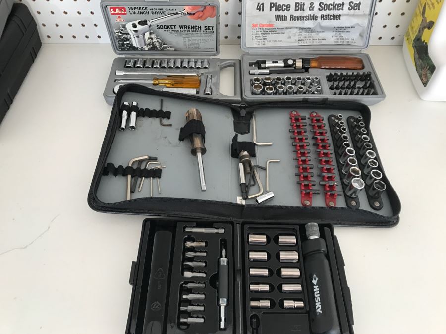 JUST ADDED - Tool Lot With Various Bit And Socket Wrench Sets [Photo 1]