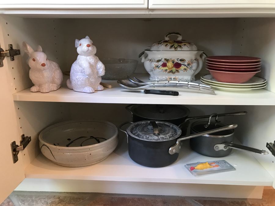 JUST ADDED - Kitchen Lot With Pottery Bowl, Pots, Salad Serving Set, Soup Tureen, Rabbits And Dishes [Photo 1]