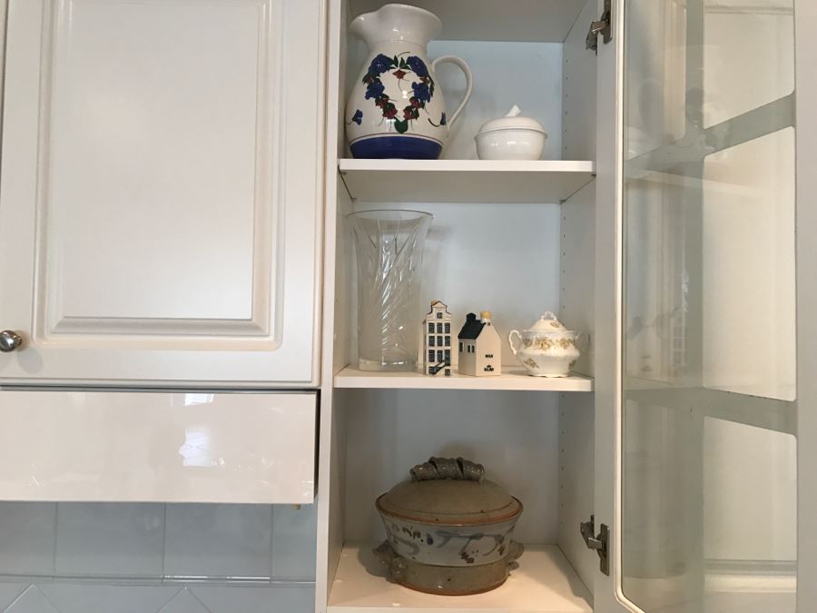 JUST ADDED - Kitchen Lot With Pottery, Crystal Vase, Pitcher, KLM Salt And Pepper Shakers, And China [Photo 1]