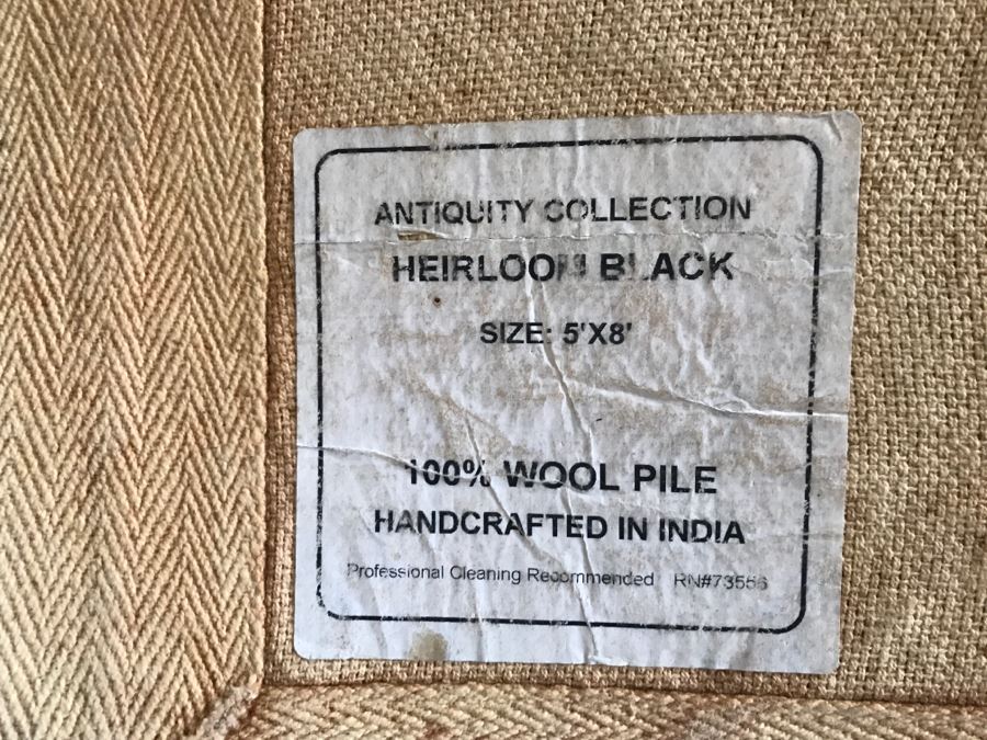 JUST ADDED - Heirloom Black 100% Wool Pile Area Rug Handcrafted In India 5' X 8' [Photo 7]
