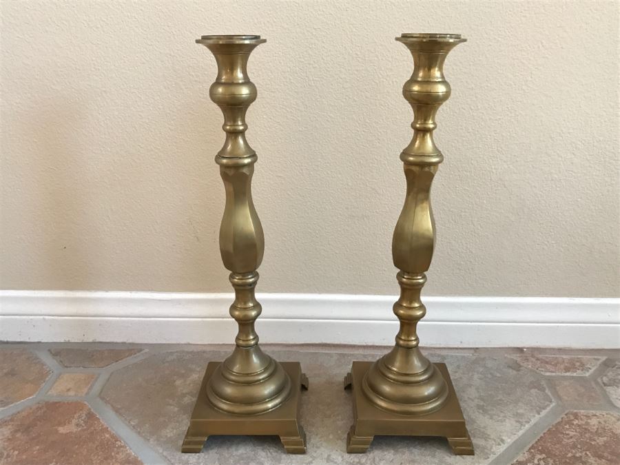 JUST ADDED - Pair Of Large Brass Candle Holders [Photo 1]