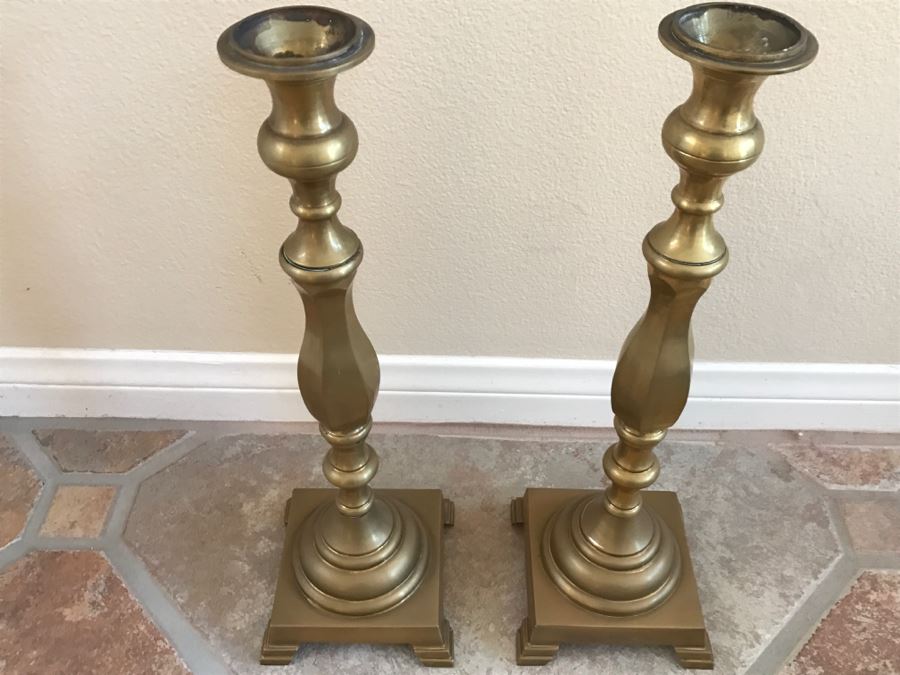 JUST ADDED - Pair Of Large Brass Candle Holders [Photo 2]