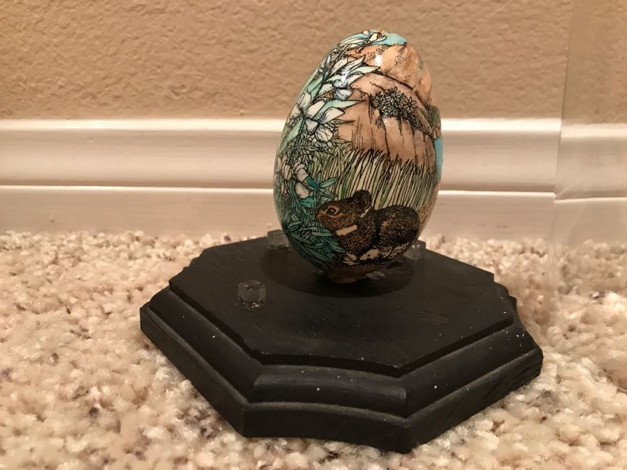 JUST ADDED - Detailed Hand Painted Egg With Rabbit And Butterfly Within Dome Glass Display - See Photos [Photo 1]
